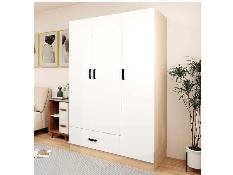 Armoire Wardrobe Closet, Bedroom Armoires with Hanging Rod, 3 Doors and 3 Storage Cabinets, Wardrobe Closet with Drawer,White