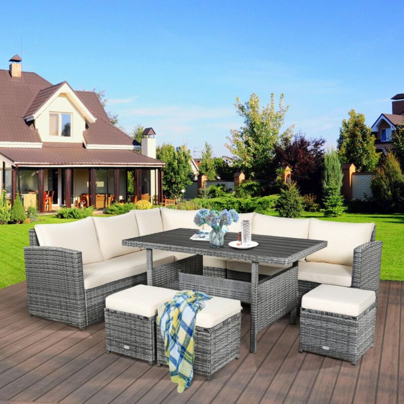 Hivvago 7 Pieces Outdoor Wicker Sectional Sofa Set with Dining Table