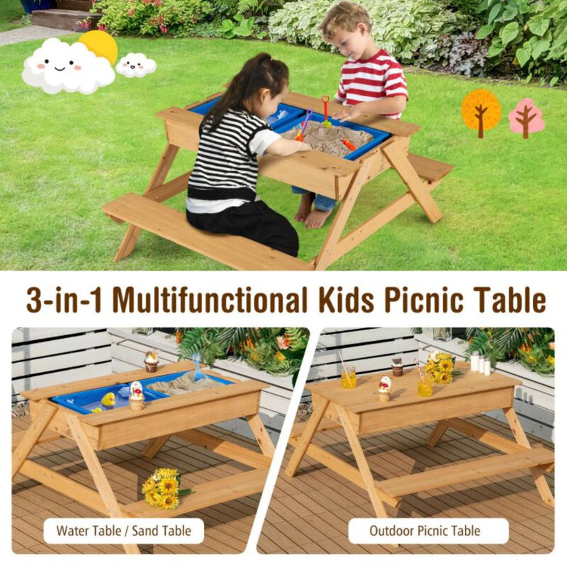 Hivvago 3-in-1 Kids Picnic Table Wooden Outdoor Water Sand Table with Play Boxes