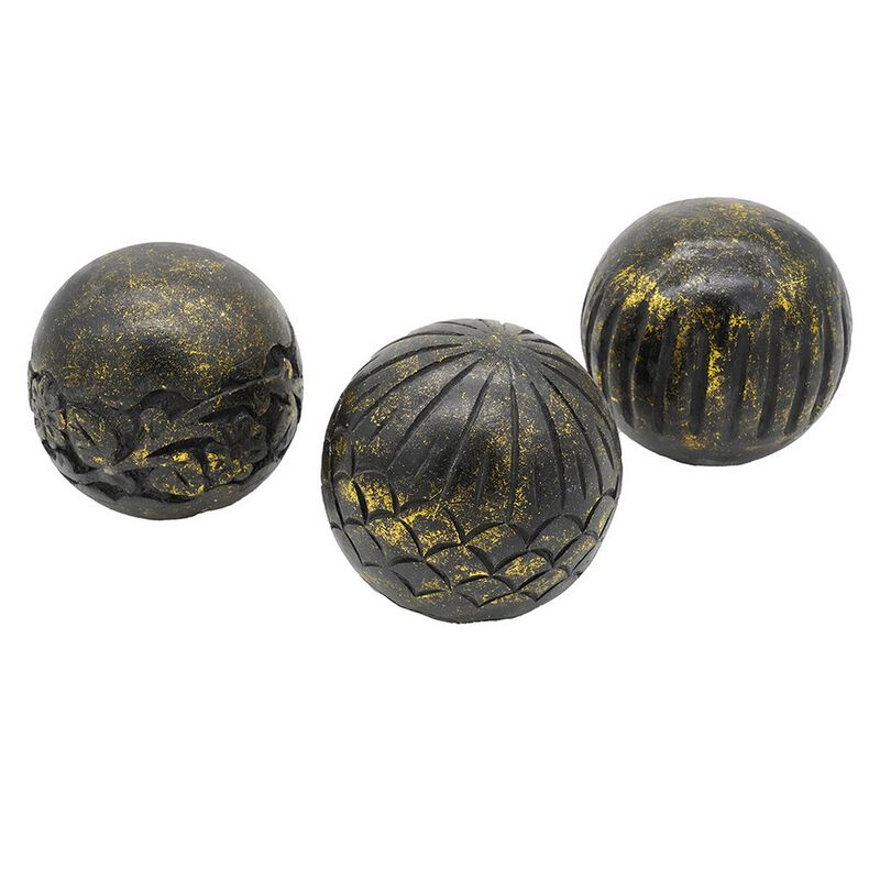 Set of 3 Decorative Tabletop Round Balls, Carved Mango Wood, Black, Yellow - Benzara