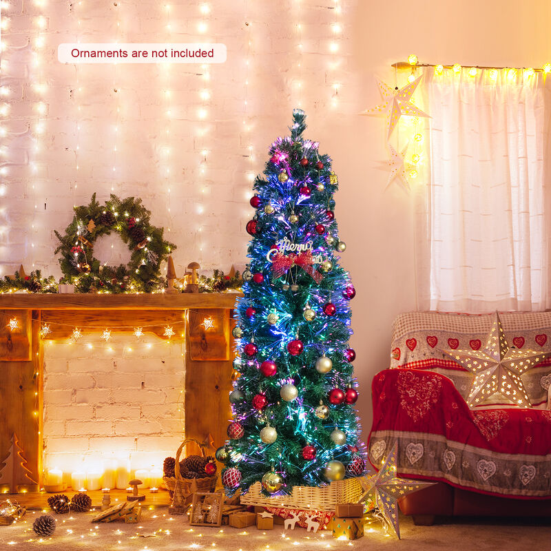Pre-Lit Christmas Pencil Tree with Colorful Fiber Optic Lights for Holiday Decor
