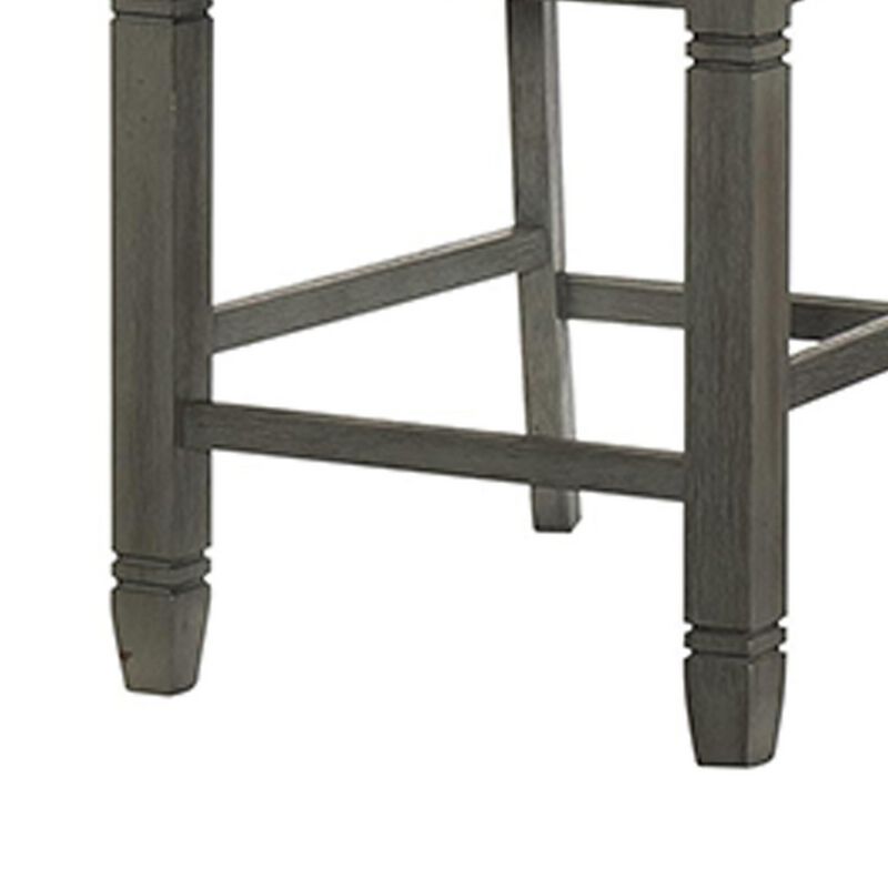 26 Inch Counter Height Chair Set of 2, Slat Back, Gray Wood, Fabric Seat - Benzara