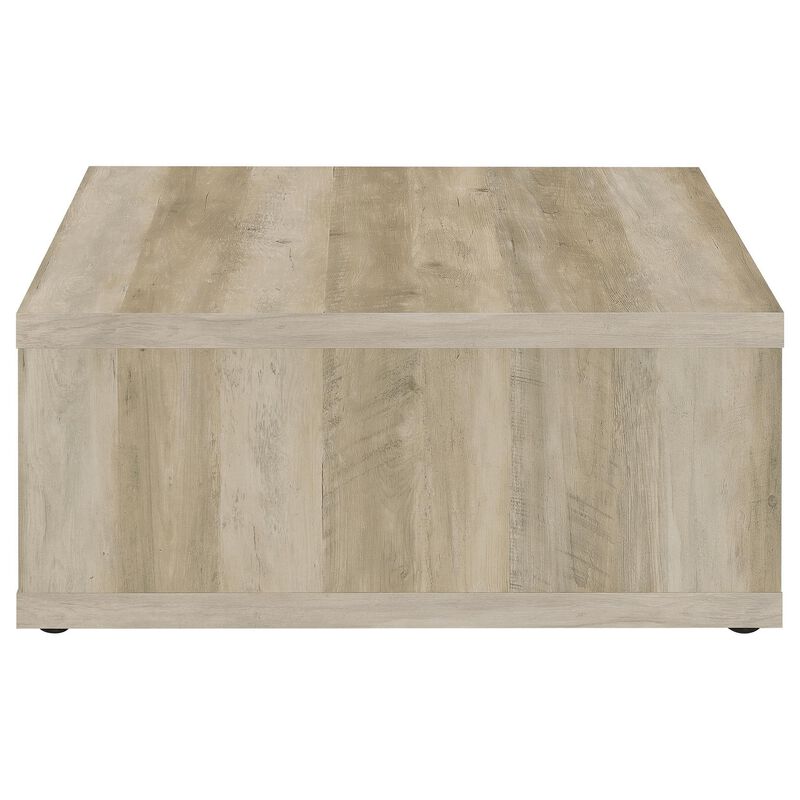 Rizz Coffee Table, Square Cube Design Open Shelf, 36 Inch Light Brown - Benzara