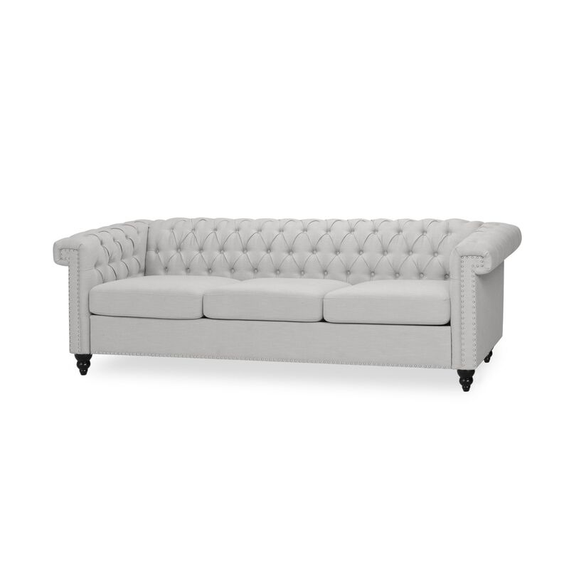 Sofa, 3 Seater, Button Tufted Gray Fabric, 83 Inch, Flared Rolled Arms - Benzara
