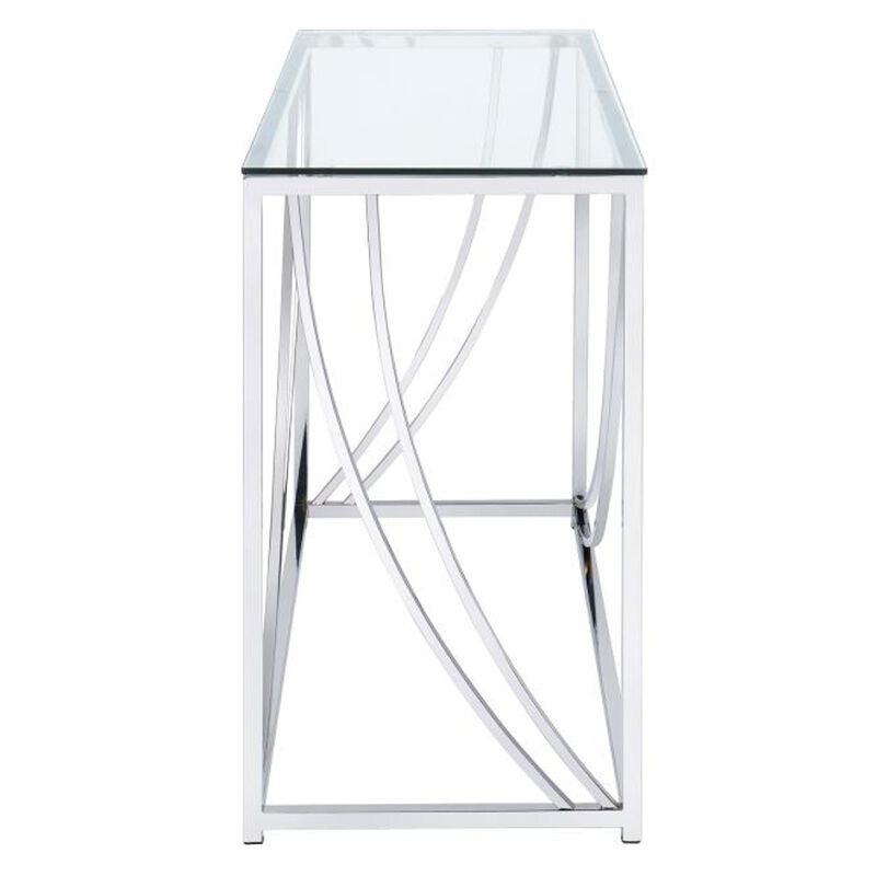 Glass Top Rectangular Sofa Table with Swooping  Curves, Clear and Silver-Benzara