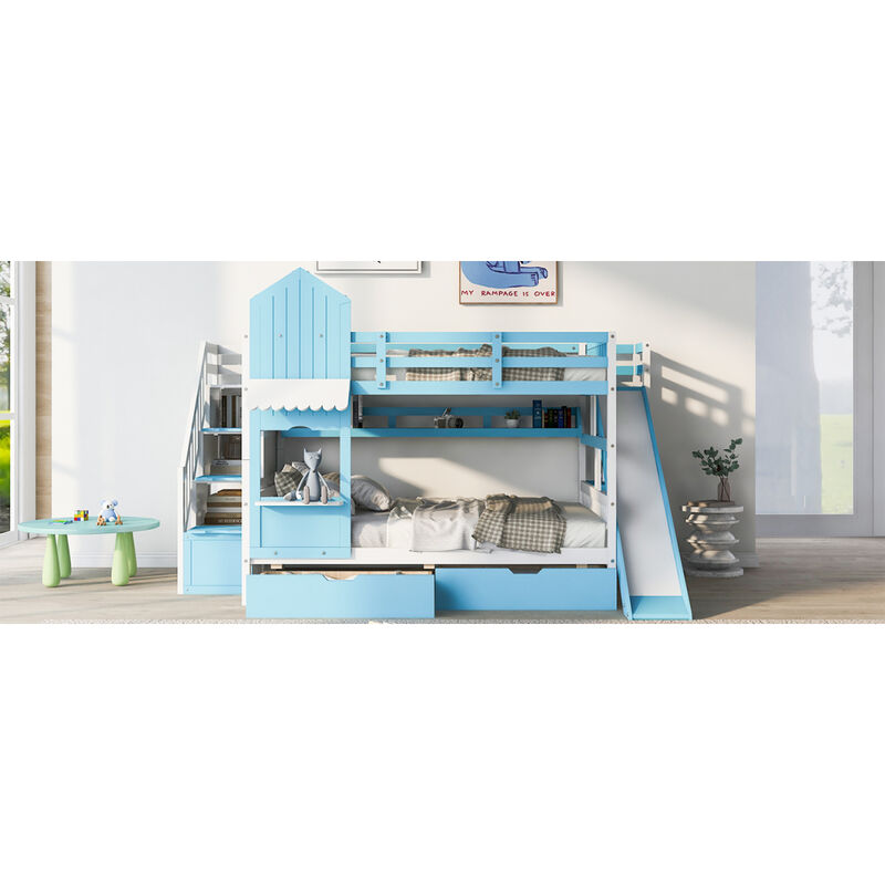 Full Over Full Castle Style Bunk Bed With 2 Drawers 3 Shelves And Slide