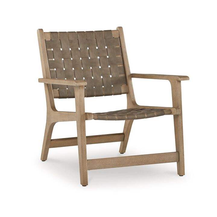 Woven Accent Chair, Taupe Faux Leather Strips, Basket Weave Pattern, Brown -