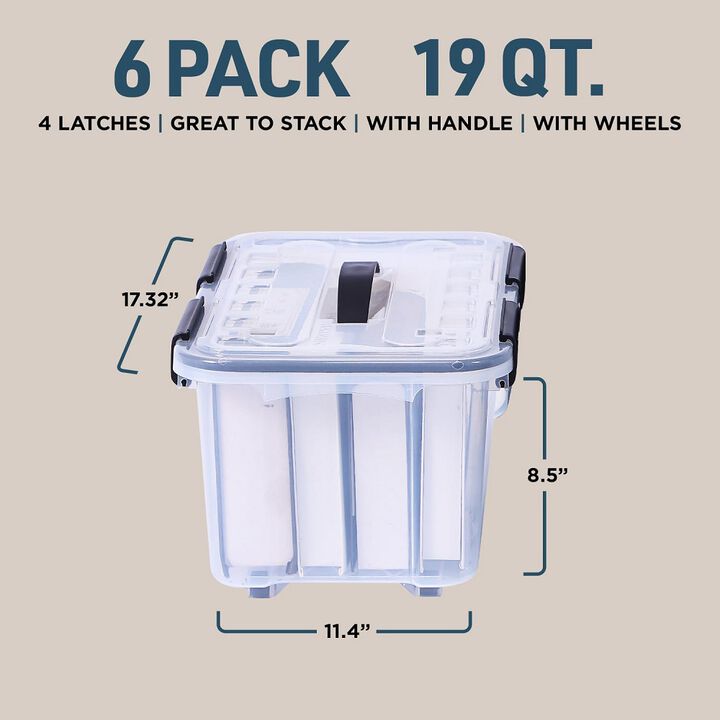 Stackable Storage Box Set - 6 Pieces 19 Quarts Multi-purpose, Space-Efficient Stackable Storage Boxes with Nestable Design, Secure Latches, Easy-Move Wheels & Pull-Out Base - Clear