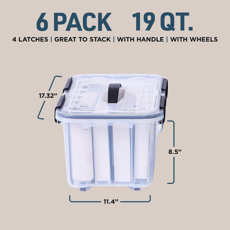 Stackable Storage Box Set - 6 Pieces 19 Quarts Multi-purpose, Space-Efficient Stackable Storage Boxes with Nestable Design, Secure Latches, Easy-Move Wheels & Pull-Out Base - Clear