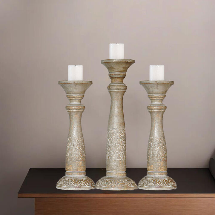BBH Homes Traditional Gray Wash Eco-friendly Handmade Mango Wood Set Of Three 12",15" & 12" Pillar Candle Holder