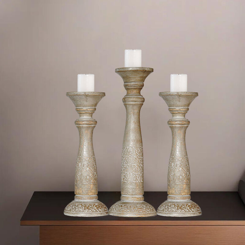 BBH Homes Traditional Gray Wash Eco-friendly Handmade Mango Wood Set Of Three 12",15" & 12" Pillar Candle Holder