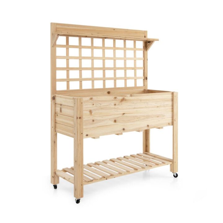 Hivvago Wooden Raised Garden Bed with Wheels Trellis and Storage Shelf
