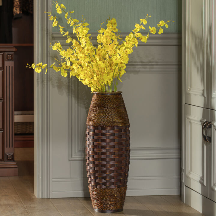 Antique Cylinder Style Floor Vase For Entryway or Living Room, Bamboo Rope, Brown 26" Tall