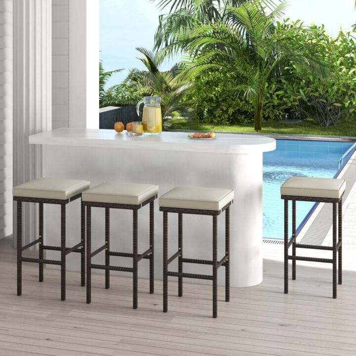 Hivvago Patio Wicker Bar Stools Set of 2 with Seat Cushions and Footrest