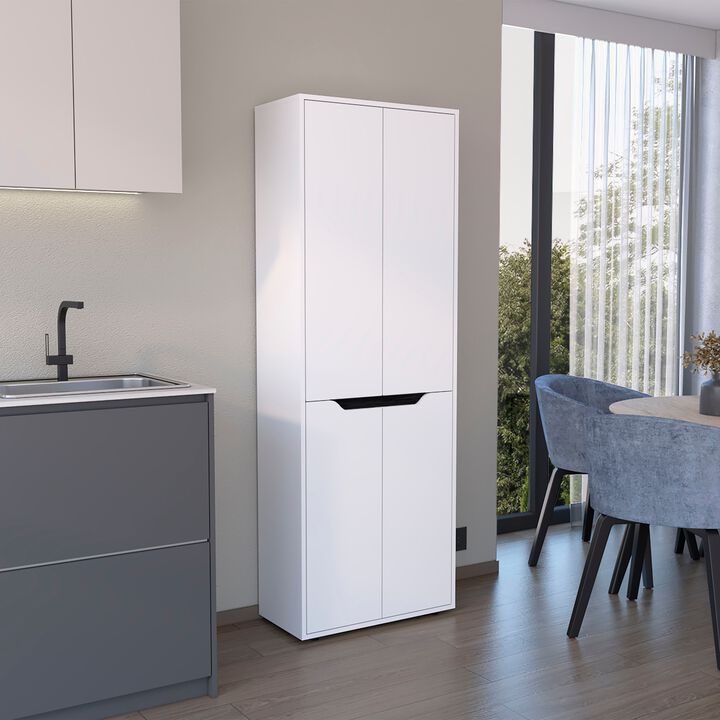 Kitchen Storage Cabinet 67"H, Four Doors, Five Interior Shelves, White/Black