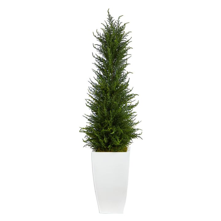 Hivvago 3.5" Cypress Artificial Tree in White Metal Planter UV Resistant (Indoor/Outdoor)