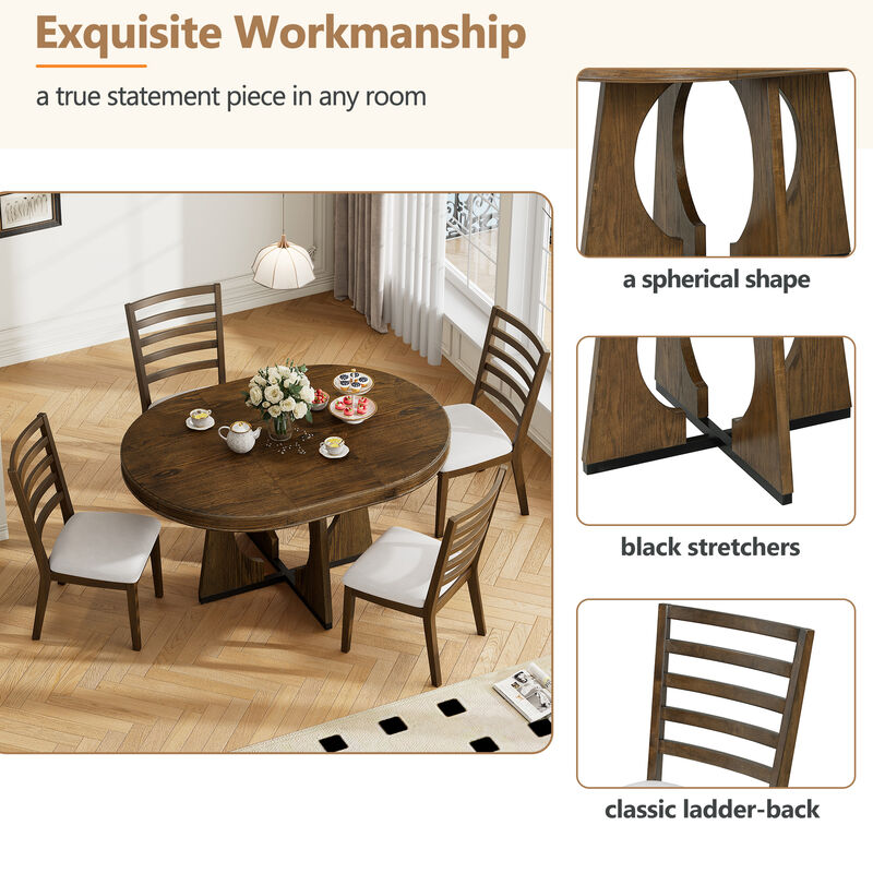 Gewnee  5-Piece Retro Rustic Functional Dining Set Unique Geometric Design, 1 Extendable Table with a 16-inch Leaf and 4 Upholstered Chairs Ideal for Dining Room and Kitchen (Walnut)