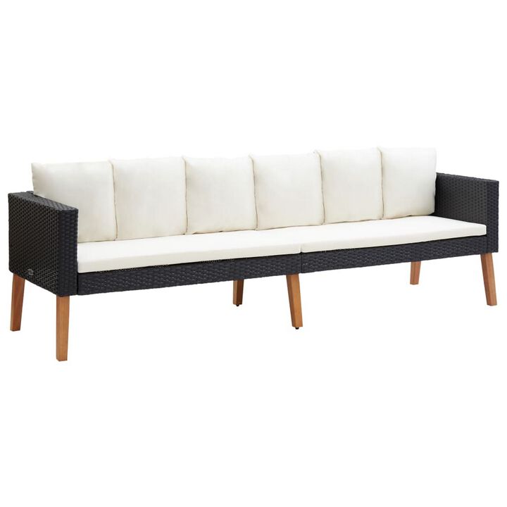 3 Seater Outdoor Sofa with White Fabric Cushions, Black Rattan 86 Inch - Benzara