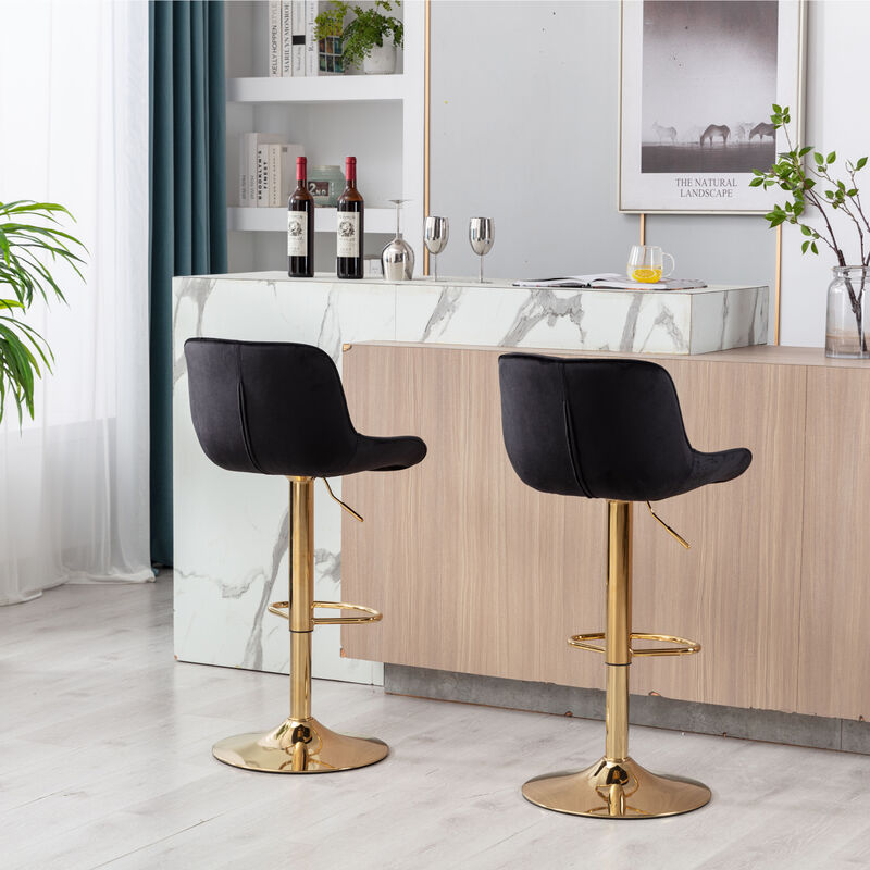Chrome Footrest and Base Swivel Height Adjustable Mechanical Lifting Velvet + Golden Leg Simple Bar Stool, Set of 2, Black