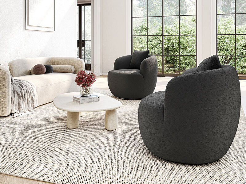 BELLEZE Wide Swivel Barrel Chair, Modern Round Boucle Swivel Armchair Curved Backrest Upholstered 360�Swivel Sofa Accent Chair with Pillow, Comfy Swivel Accent Chair for Living Room -Francisco (Black)