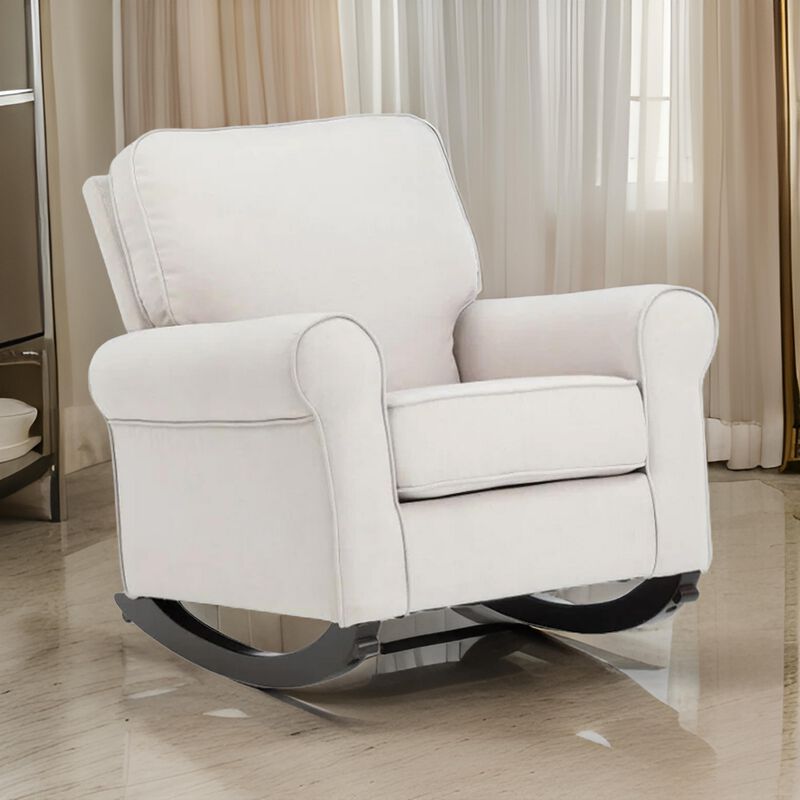 37 Inch Rocking Chair, Pocket Coil Seat, Wood Frame, Soft Beige Upholstery - Benzara