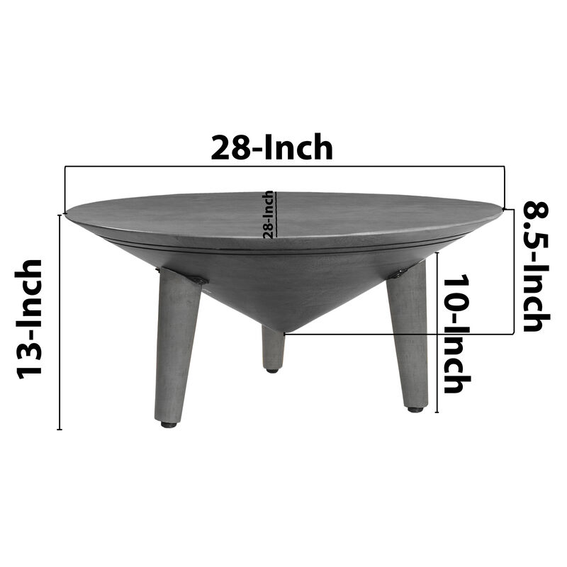 Venus Coffee Table, 28 Inch Bowl Top with 3 Tapered Splayed Legs, Antique Gray Mango Wood