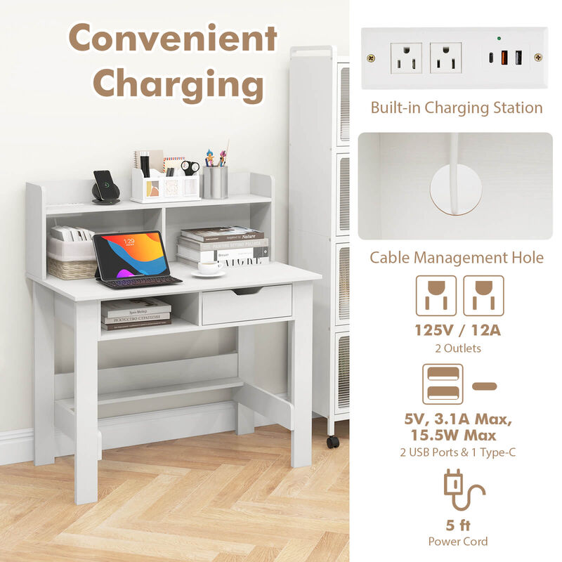 Costway Computer Desk with Power Outlets and USB Ports & Type-C Hutch Open Shelf Drawer
