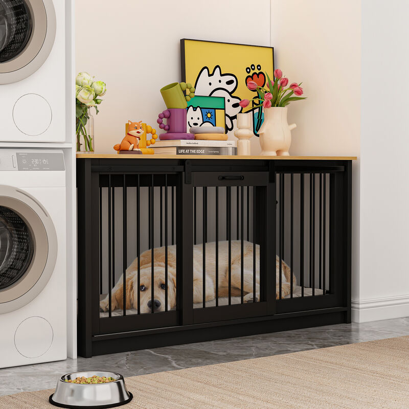Large Wooden Dog House with Sliding door, Indoor Pet Dog Crate Cage for Large Medium Small Dogs, Black