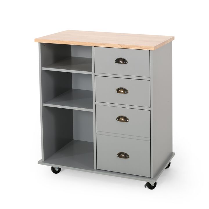 Rolling Kitchen Island Bar Cart, Drawers Shelves, Wheels, Brown, Gray - Benzara