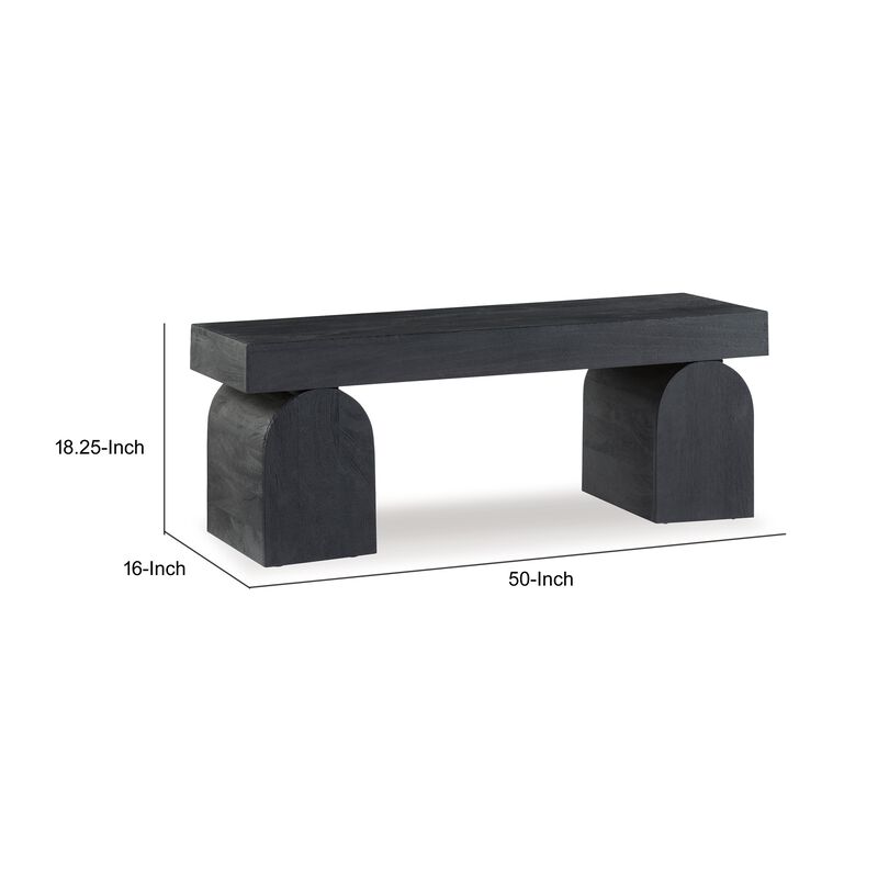 Accent Bench, 50 Inch, Oversized Sandblasted Effect, Black Solid Wood - Benzara