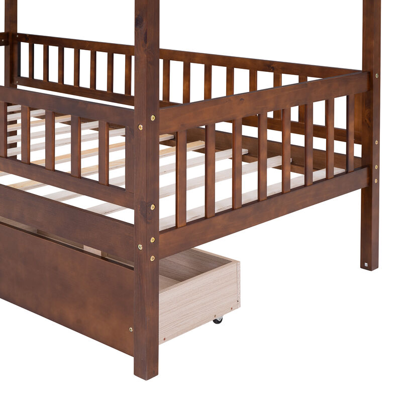 Streamdale Twin Size Wooden House Bed With Two Drawers, Walnut