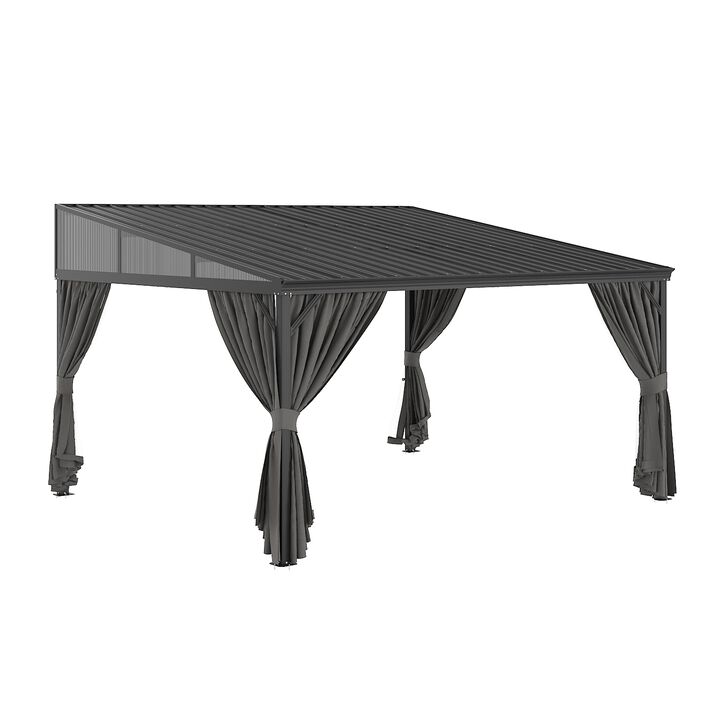 FUFU&GAGA Black Patio Lean-to Gazebo – Wall-Mounted Gazebo with Galvanized Steel Roof, Aluminum Frame, Mosquito Netting & Curtains, (165.7" L x 142.8" W x 103.4" H), Black