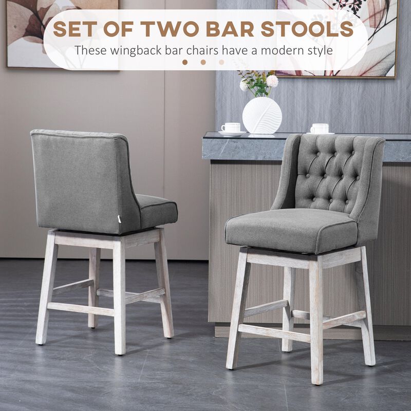 Gray Swivel Bar Stools: Set of 2, 27" Counter Height, Linen, Button Tufted