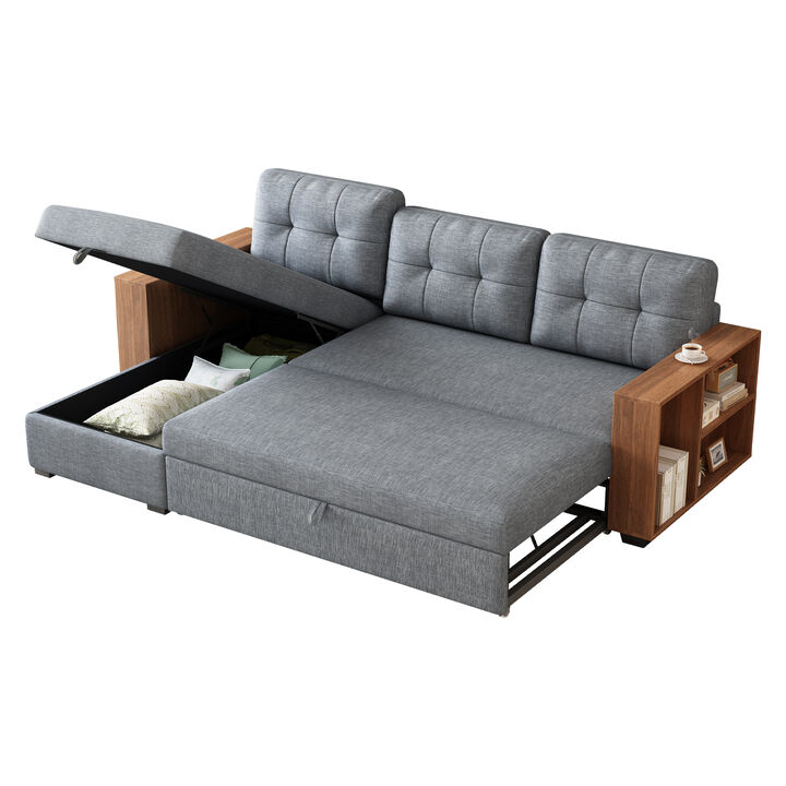 Merax Upholstered Pull Out Sectional Sofa with Storage Chaise