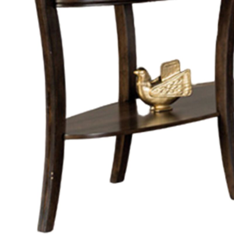 Orio Sofa Table, Open Shelves, 49 Inch Oval Top, Curved Legs, Brown Wood