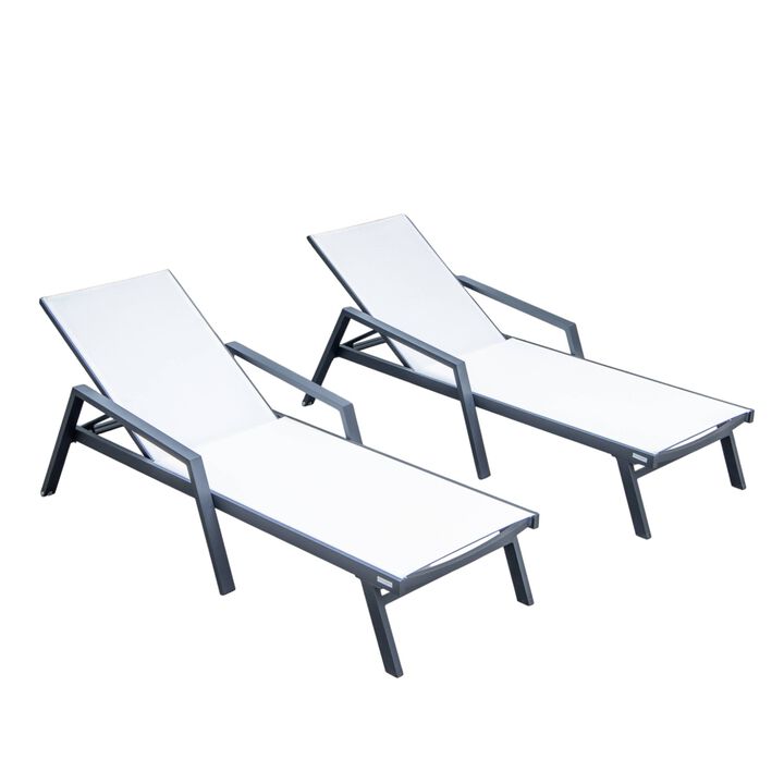 LeisureMod Marlin Patio Chaise Lounge Chairs with Armrests – Set of 2, Black Aluminum Frame & Dark Grey Cushion for Outdoor Relaxation