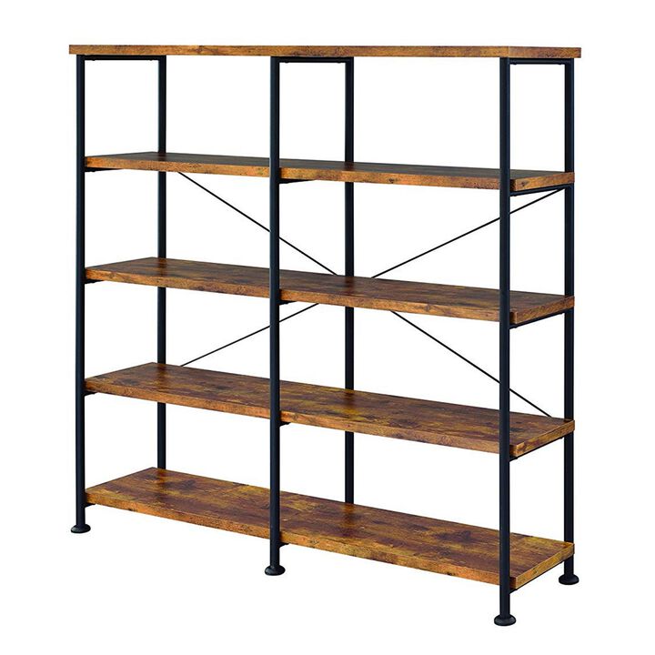 63 Inch Industrial 4 Tier Shelf Bookshelf, Particleboard, Metal Frame, Brown, Black-Benzara