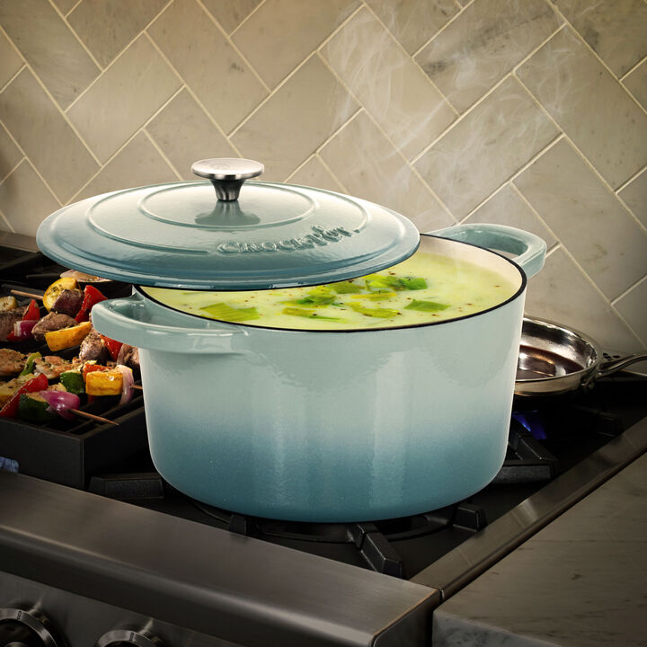 Crock-Pot Artisan 2 Piece 7 Quarts Enamled Cast Iron Dutch Oven in Aqua Blue