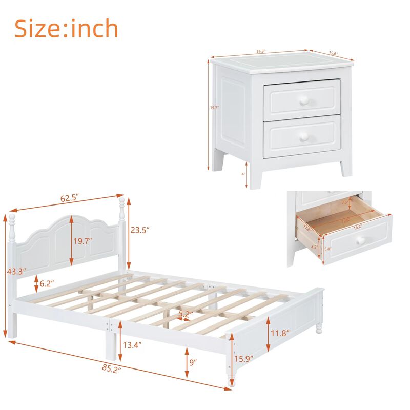 3-Pieces Bedroom Sets, Queen Size Wood Platform Bed And Two Nightstands-White