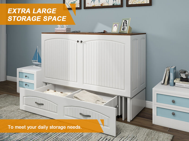 Murphy Bed Cabinet,Murphy Bed Queen with USB and Charging Ports, Murphy Bed Cabinet with Drawer Includes Storage Cabinet,White Cabinet Bed  for Guest Room