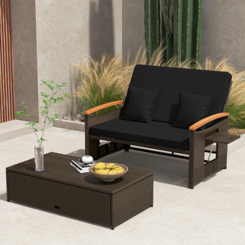 Hivvago Outdoor Wicker Daybed with Folding Panels and Storage Ottoman