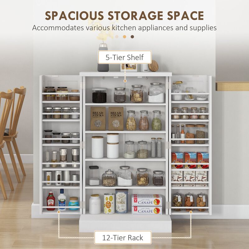 White Freestanding Kitchen Pantry: 5-Tier, 12 Spice Rack, Adjustable