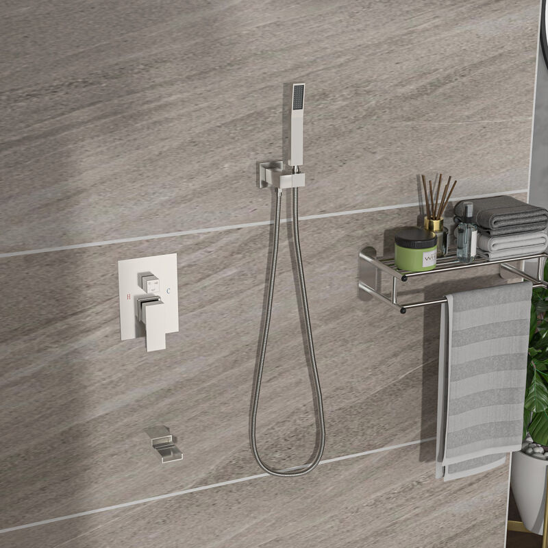 12" Rain Shower Head Systems With Waterfall Tub Spout, Light Brushed Nickel, Ceiling Mounted Shower
