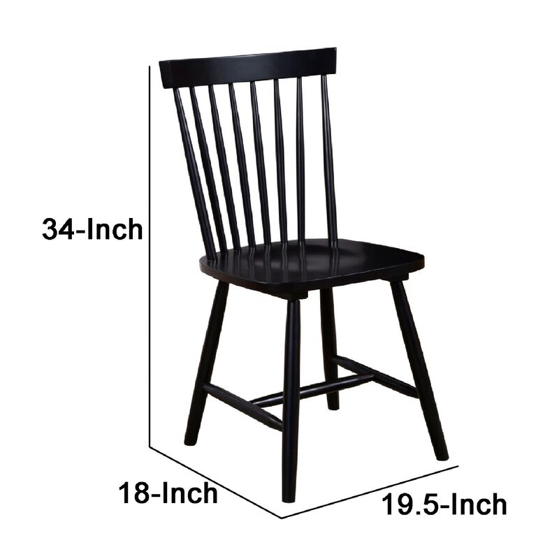 Ray 18 Inch Dining Side Chair, Rubberwood, Windsor Back, Set of 2, Black-Benzara
