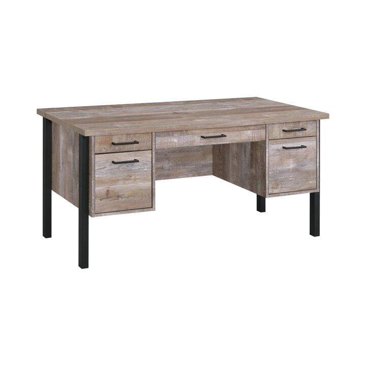 60 Inch Wood Office Writing Desk, 4 Drawers, 1 Cabinet, Rustic Brown, Black-Benzara