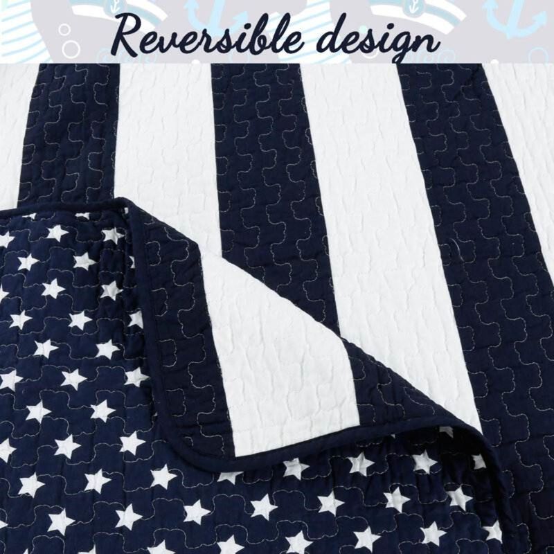 Hivvago King 3 Piece Reversible Navy White Stars Stripes 100 Percent Cotton Quilt Set