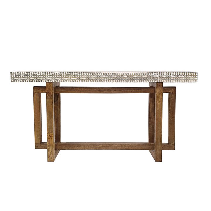 55 Inch Console Sideboard Sofa Table, Hand Carved Wood Apron, Classic Brown - Benzara