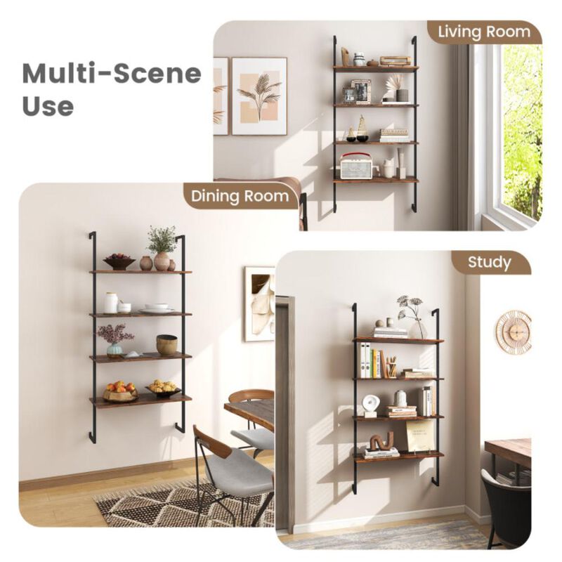 Hivvago 4-Tier Industrial Ladder Bookshelf with Metal Frame-Coffee