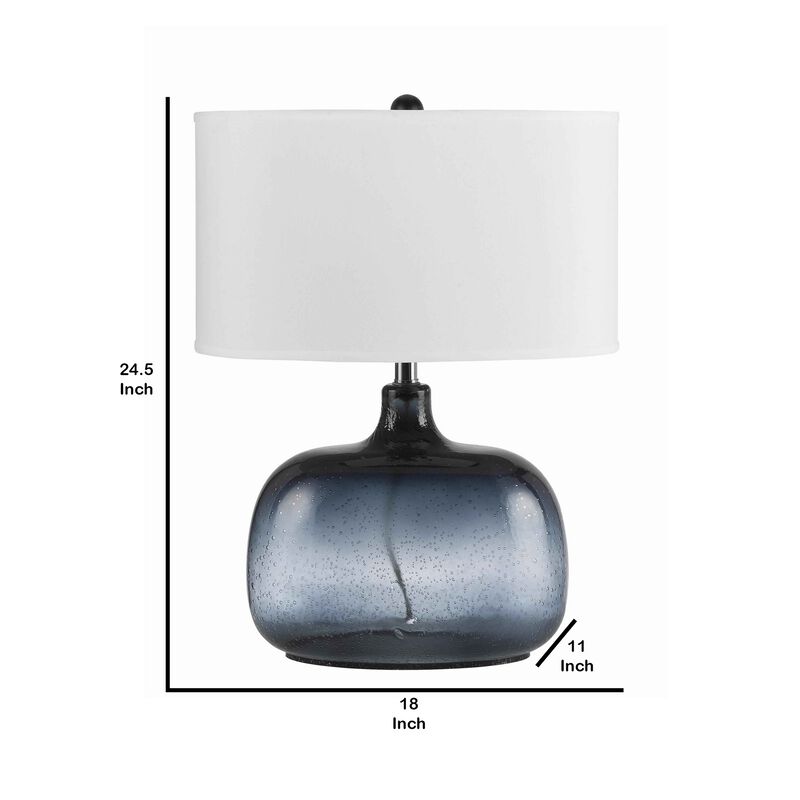 Glass Body Table Lamp with Drum Shade and Bubble Design, Blue and White-Benzara