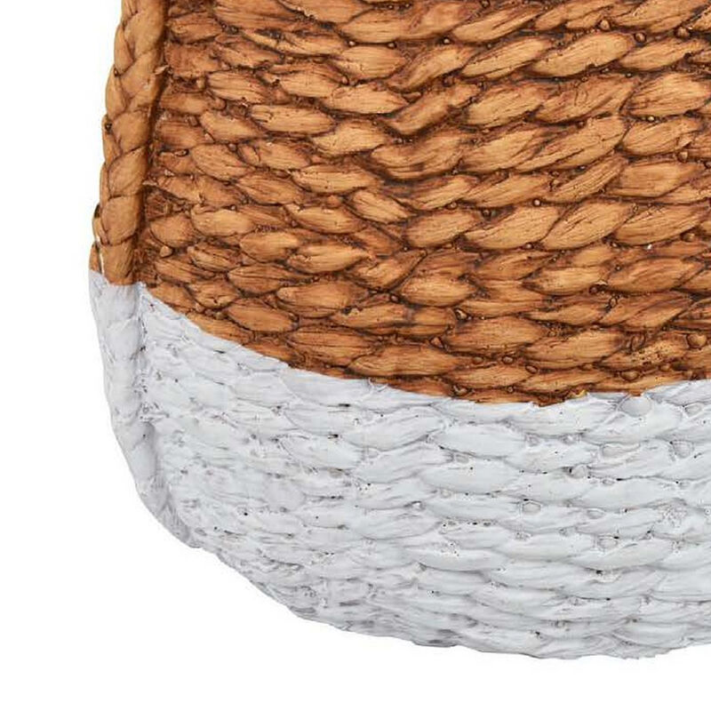 Reno 15 Inch Planter, Rope Woven Design, White and Brown Finished Resin - Benzara
